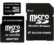 Купить Карта памяти MicroSD 16Gb Silicon Power+2переходника SD/microSD